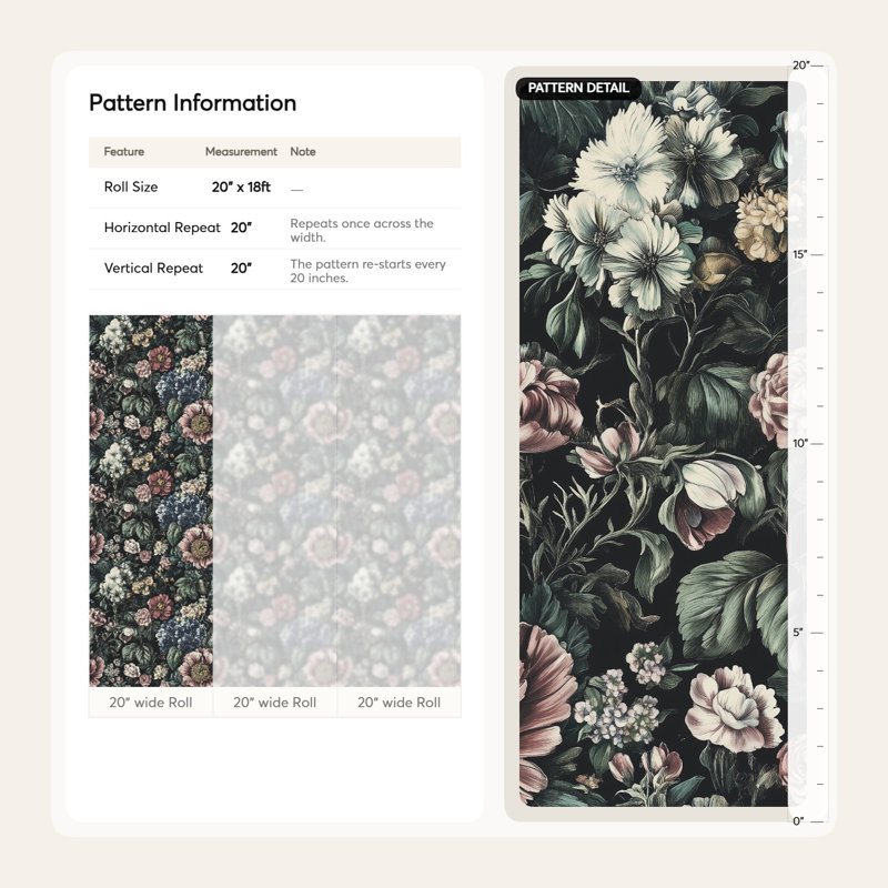 Papier peint floral foncé avec fleurs et roses richement détaillées