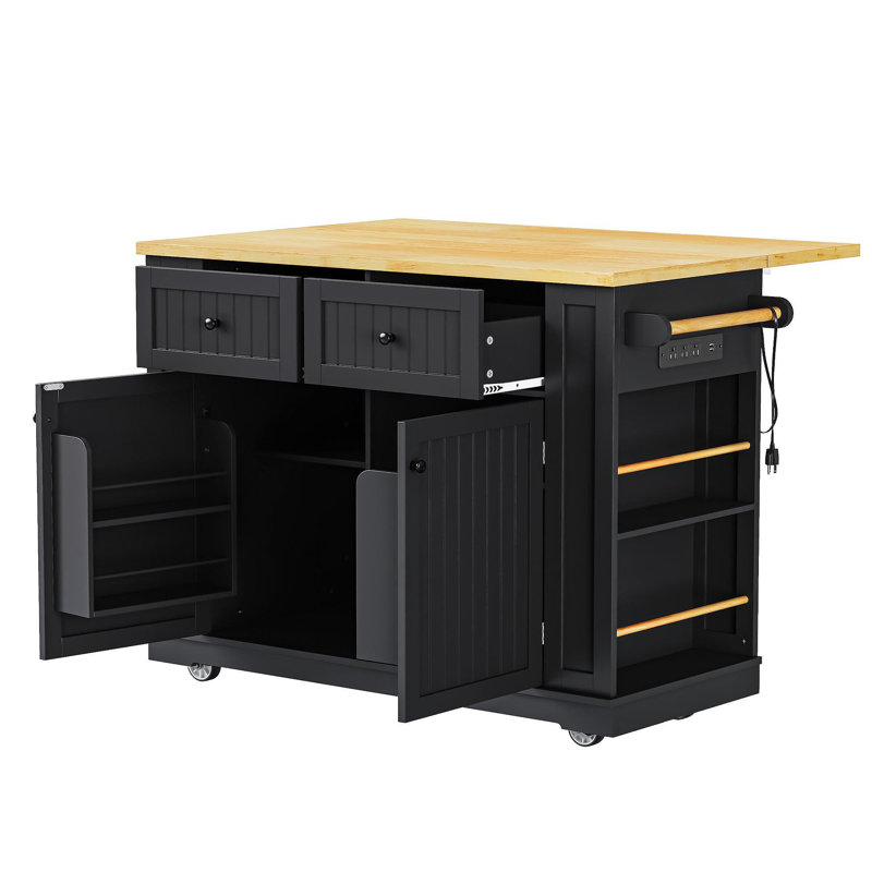 48 Inch Kitchen Island With Drop Leaf,Power Outlet,Internal Storage Rack,Rolling Kitchen Storage Cart On 5 Wheels With 5 Open Side Racks,For Kitchen,Black (Old SKU N707P257057B)(Not Include Stools)