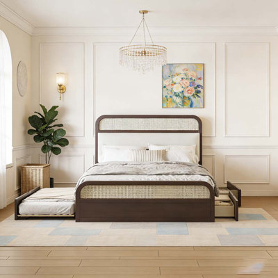 Wooden Platform Bed with Trundle and 2 Drawers