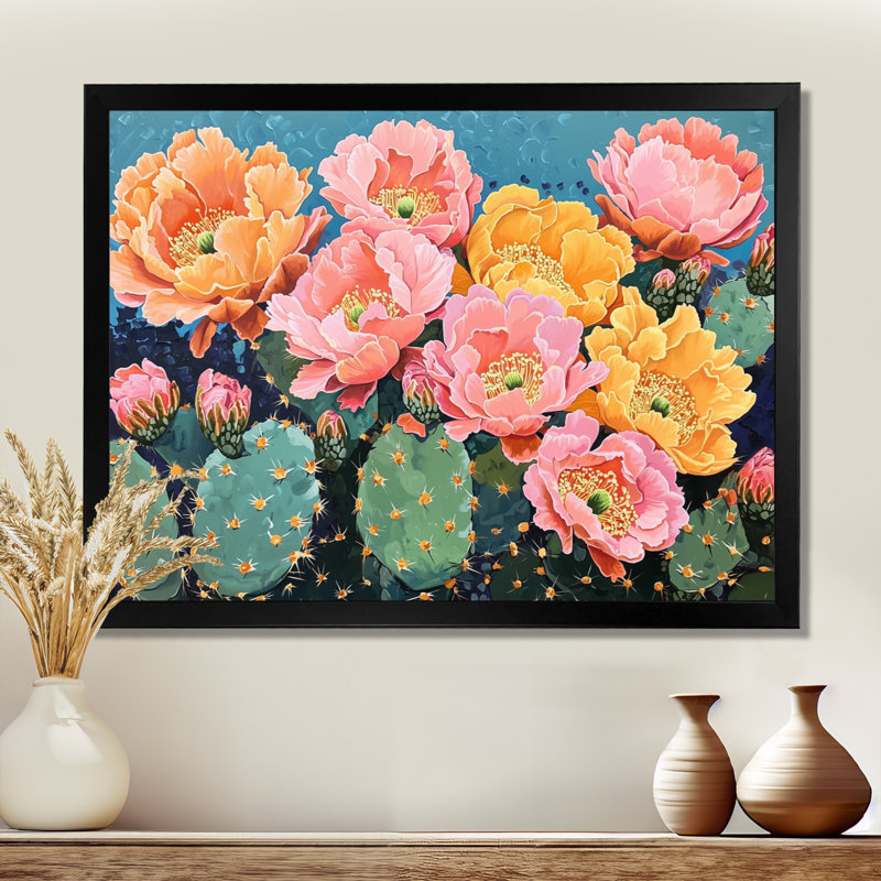Rose et orange cactus Bloom II - cactus floral, reproduction sur toile, H 34 po x l 44 po, Noir