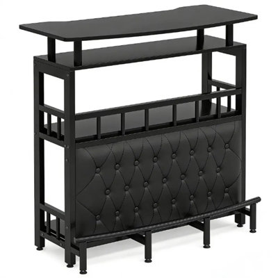 Home Bar Table with Storage Shelves, 3 Stemware Holders for 9 Glasses, Engineered Wood Iron Frame Counter Height Dining Bar Table with Adjustable Feet for Indoor Entertainment