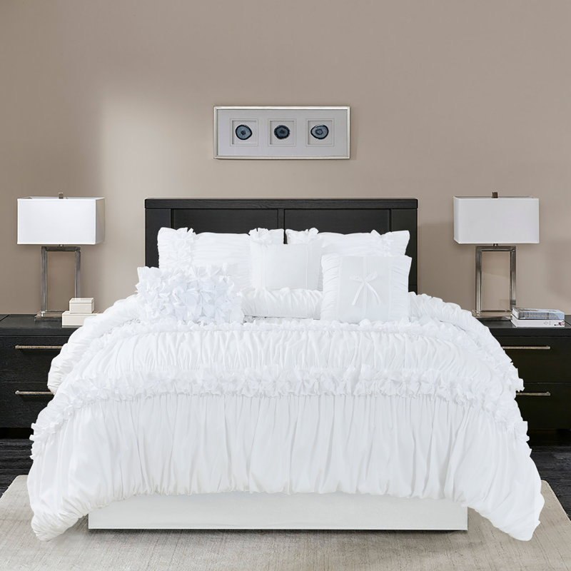7 Piece Ruched Pleat Comforter Set Romantic Bed in a Bag, White, Full Comforter + 6 Additional Pieces