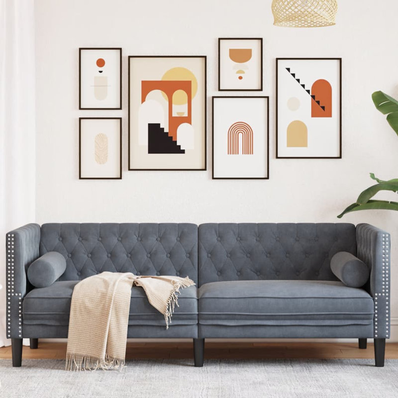 Canapé Chesterfield Ebern Designs avec traversins 2 places en velours gris foncé