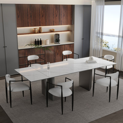 Santrez 7 - Piece 94.48" Extendable Sintered Stone Dining Table with 6 Fabric Chairs Dining Set by Everly Quinn