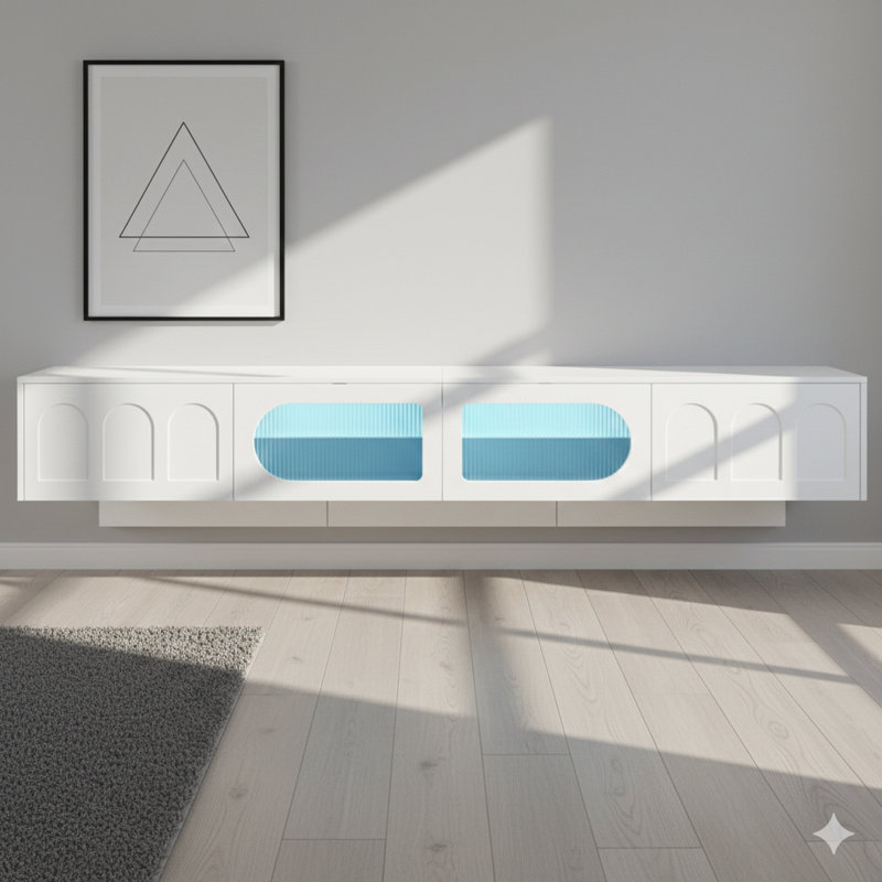 Meuble télé avec portes en verre trempé cannelé pour téléviseur de 95 po ou moins, console média fonctionnelle avec portes d'armoire arquées, centre de divertissement avec éclairage à DEL contrôlé par application pour le salon, finition blanche