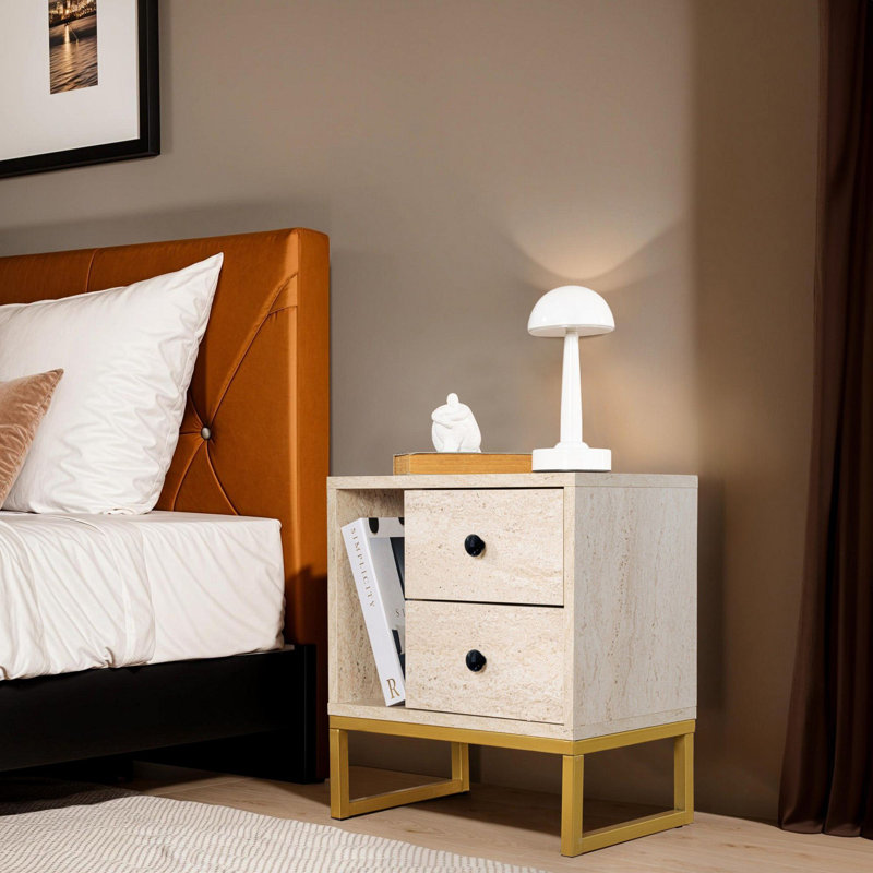 Modern Nightstand with Metal Legs, Travertine & Gold Finish, 17.7 x 19.7 x 11.8 inches | 100% Melamine Coated Particle Board, Thickness: 0.7 inches | Stylish and Functional Design for Bedroom & Living Room