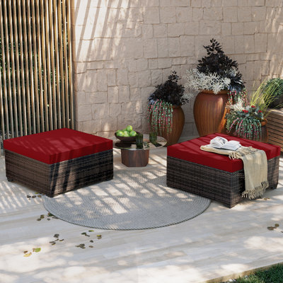 UPHA 2-Piece Rattan Ottoman Set with Red seat Cushions,Brown Wicker Frame