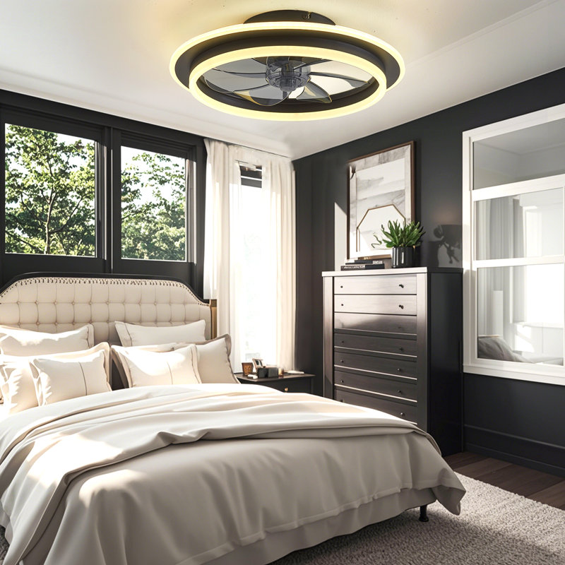 Ventilateur de plafond encastré 20 po avec lumière intégrée à DEL Makaiyla et télécommande intégrée, Noir mat