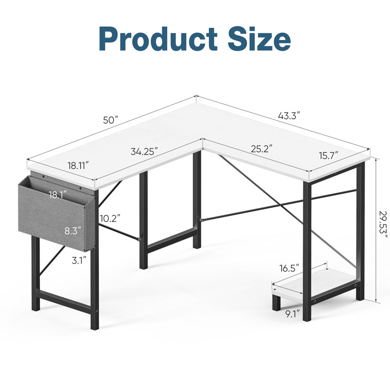 2-Set L-Shaped Computer Desk with Desk Monitor Stand and Side Storage Bag, White