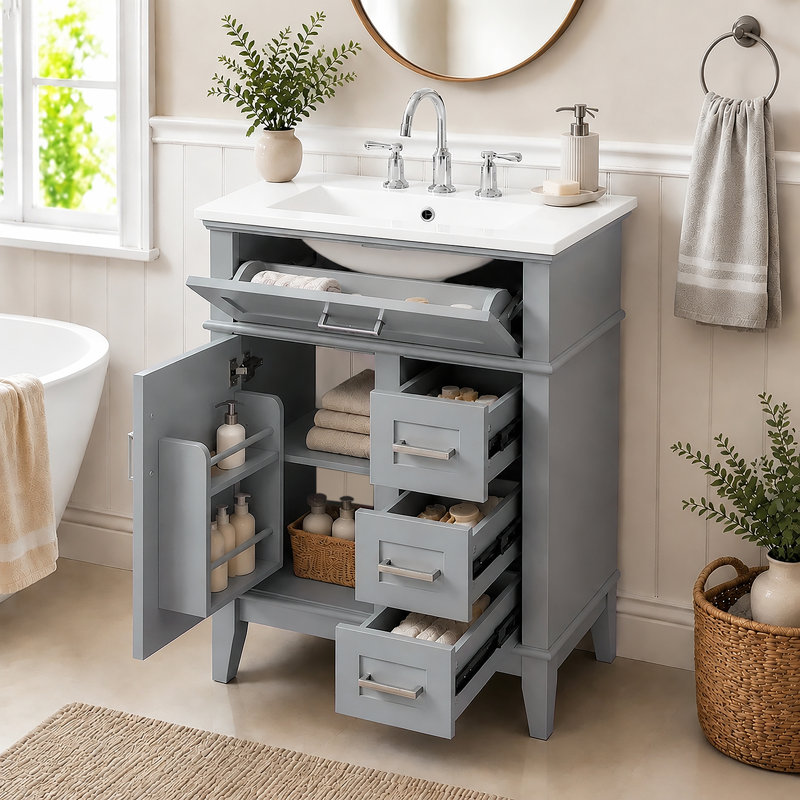 Single Bathroom Vanity with Ceramic Top, Grey