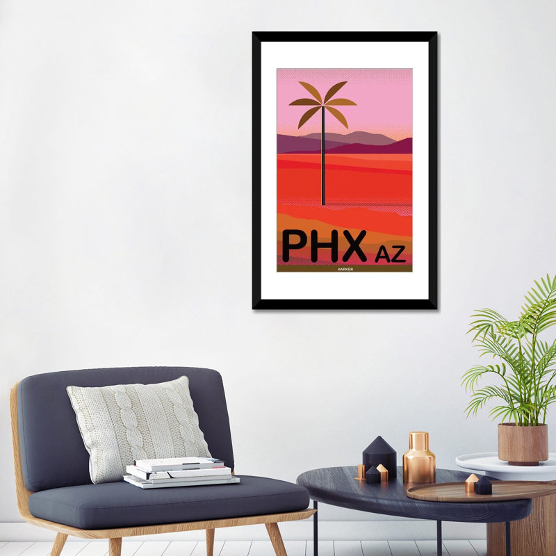 «Phoenix Travel Poster», publicité sur toile, H 32 po x l 24 po x P 1 po, Papier beaux-arts encadré noir, Blanc