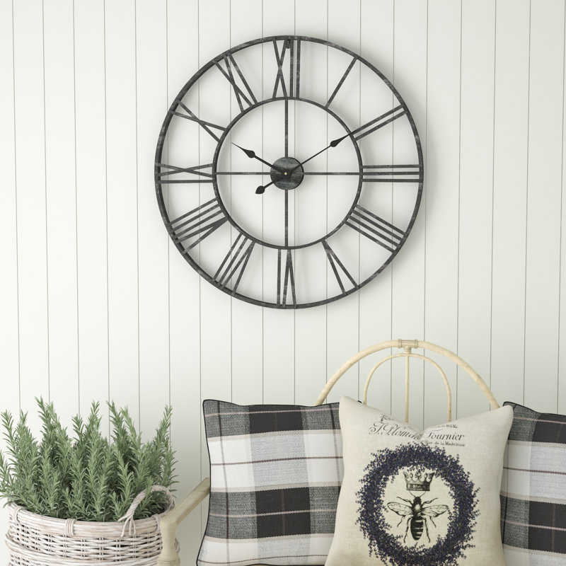 Solange Round Metal Farmhouse Wall Clock, Distressed Gray, Large
