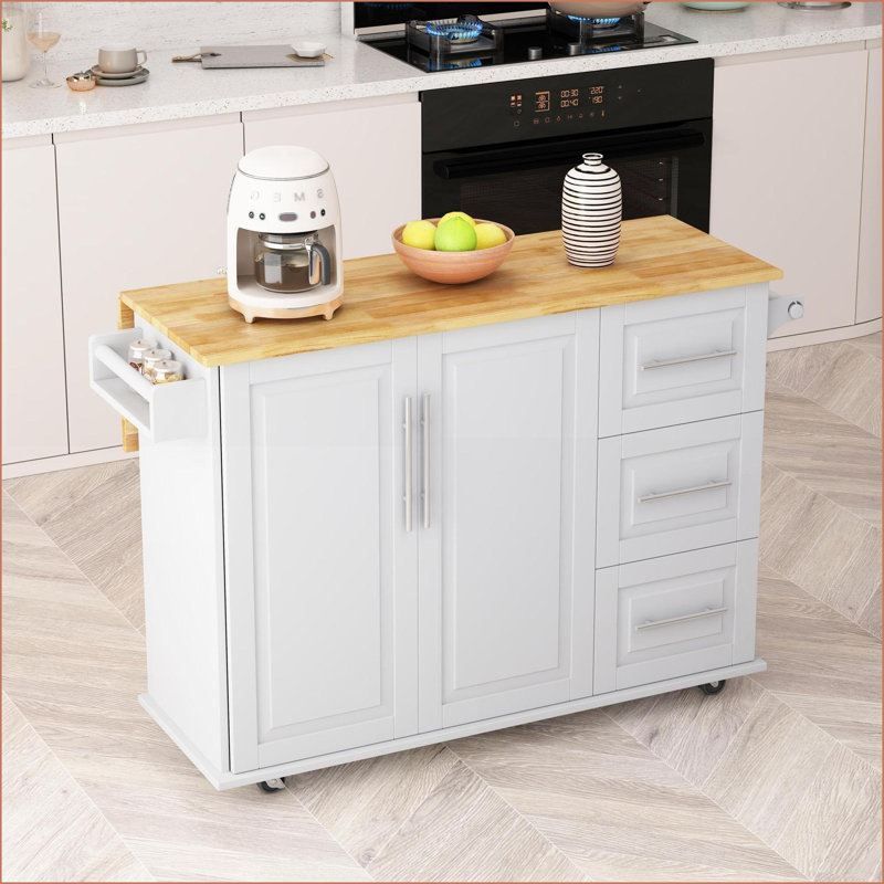 Kitchen Island Cart with 2-Door Cabinet, 3 Drawers, Spice/Towel Racks, 43.31” Width, Snow White | White | MDF, White