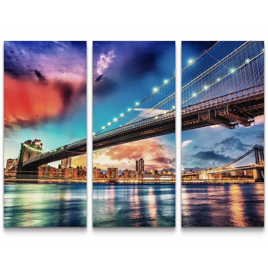 3-tlg. Leinwandbilder-Set Brooklyn und Manhattan Bridge bei Sonnenuntergang