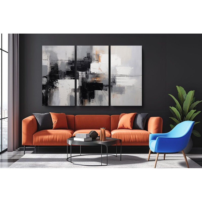 Reproduction d'art abstrait sur toile à 3 panneaux - triptyque moderne noir blanc gris, grand décor industriel, art contemporain minimaliste, reproduction de peinture