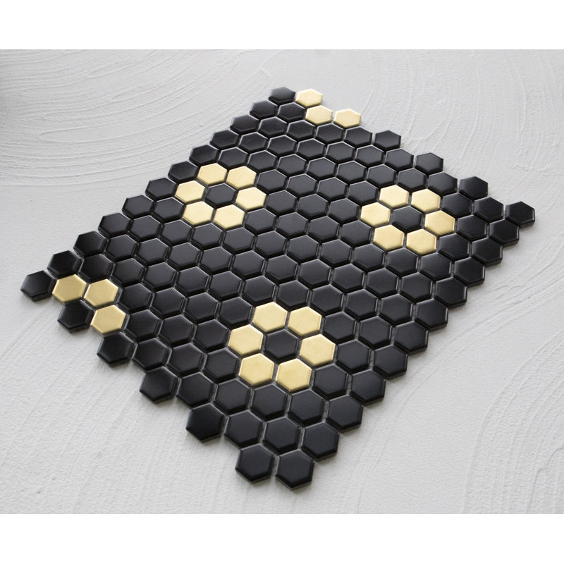 Perfection 1“ x 1" Porcelain Honeycomb Mosaic Wall & Floor Tile, Black/Gold Flower