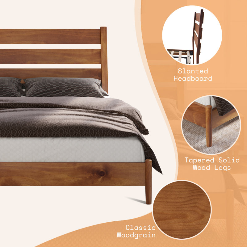King Size Light Brown Pine Wood Bed Frame with Slatted Headboard