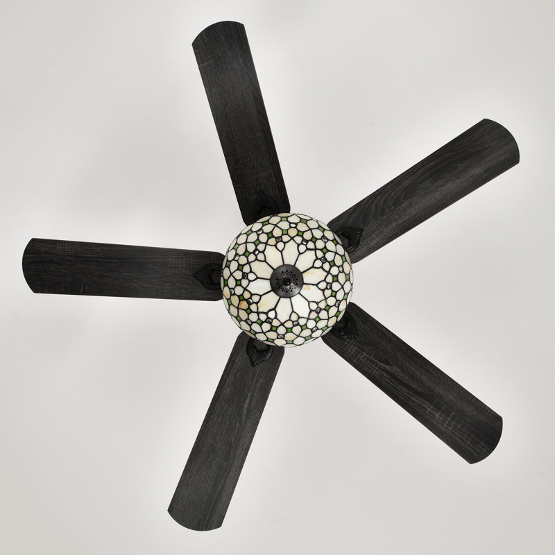 Guarvey 52-Inch Flushmount Two-Tiered Lighted Ceiling Fan Ivory Tiffany Glass Lamp Black Finish