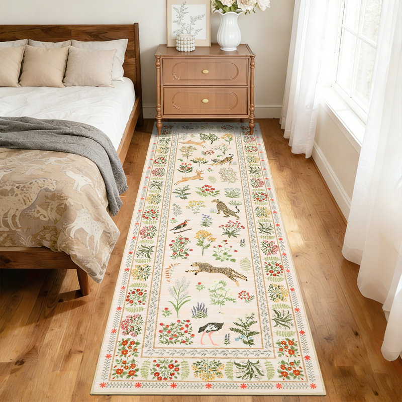 Washable Runner Rug 2x6 Floral Hallway Runner Farmhouse Botanical Animal Rug with Non Slip Backing, Low Pile Non Shedding Foldable Mat, Soft Thin Carpet for Kitchen Laundry, Beige