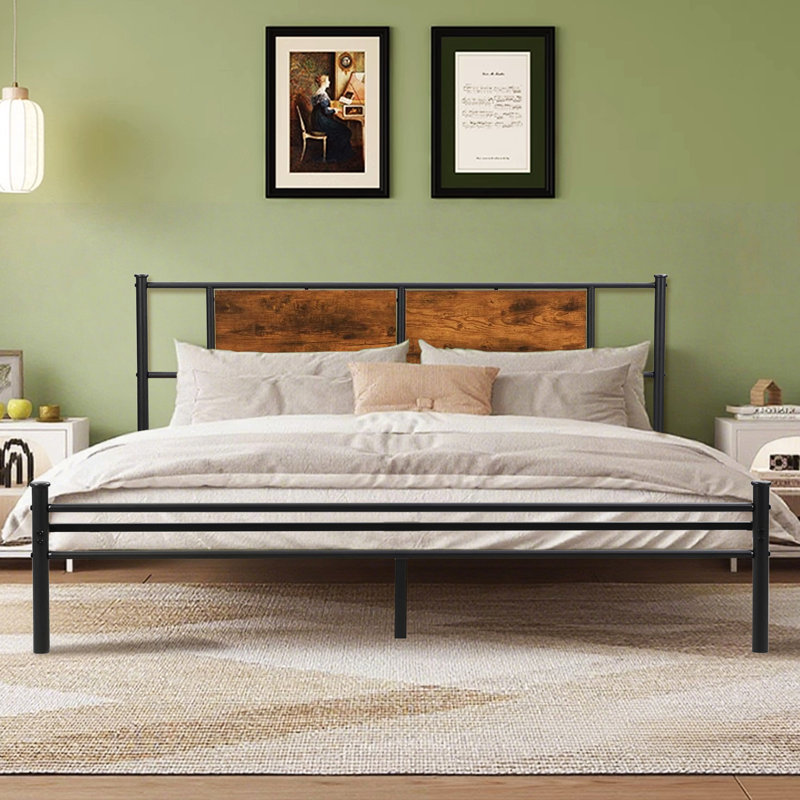 Queen Metal Platform Bed With Wood Headboard And , Strong Slats Support, No Box Spring Necessary, Black Iron Frame, 35.73 Height, 55.4 Lb Weight