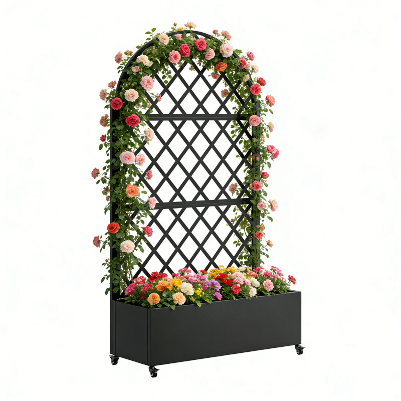 Jardinière d'extérieur, boîte à fleurs en métal avec treillis, lit de jardin surélevé à 4 roues