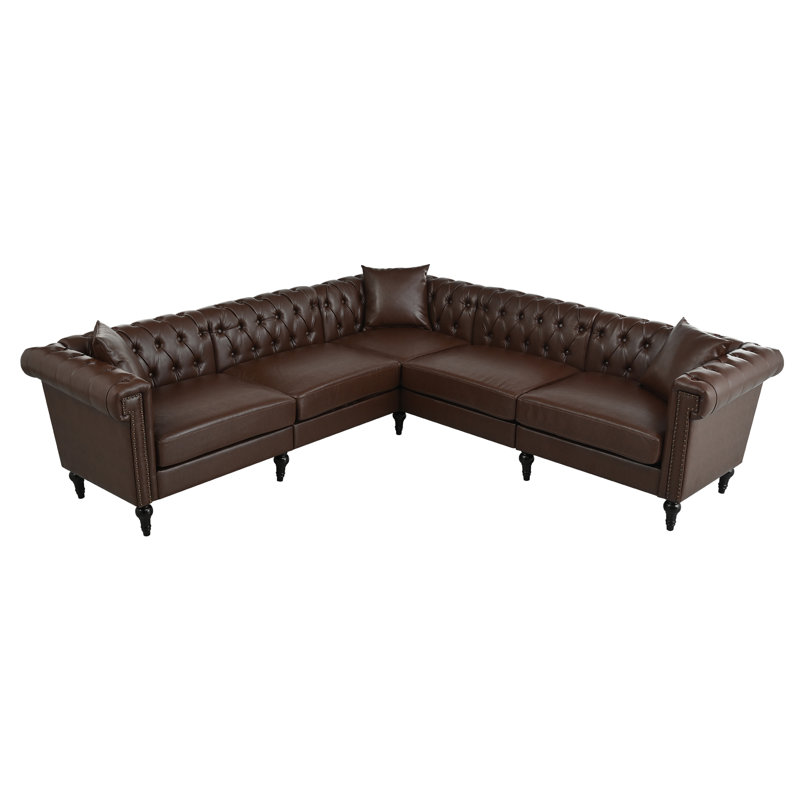Velmor Oversized Chesterfield Sectional Sofa With PU Leather And Reversible L-Shape Design, Dark Brown Faux Leather