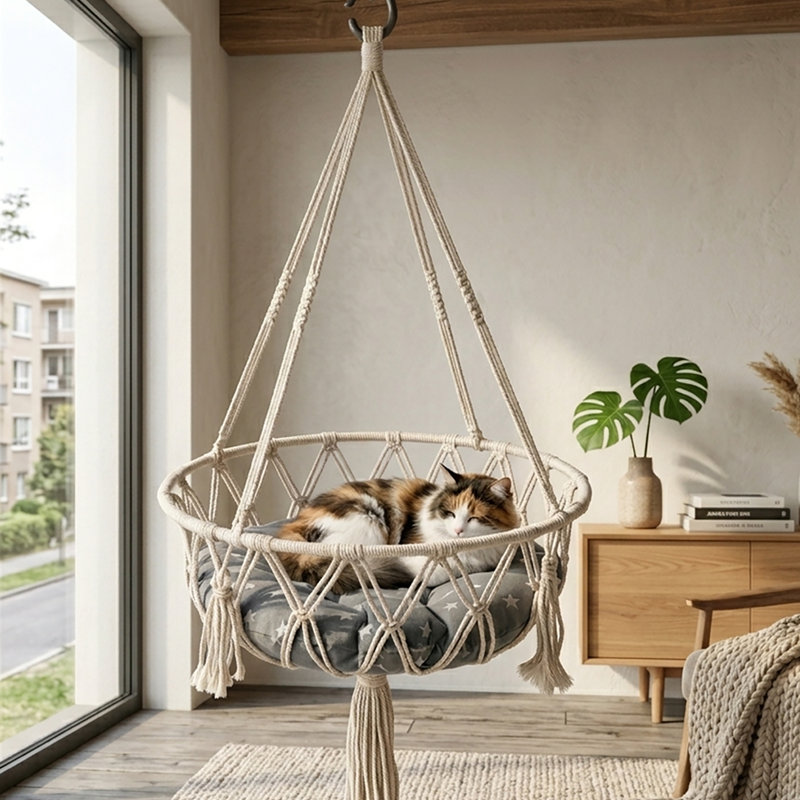 Hamac pour chat en macramé bohémien, hamac pour chien suspendu en corde de coton (avec coussin moelleux)