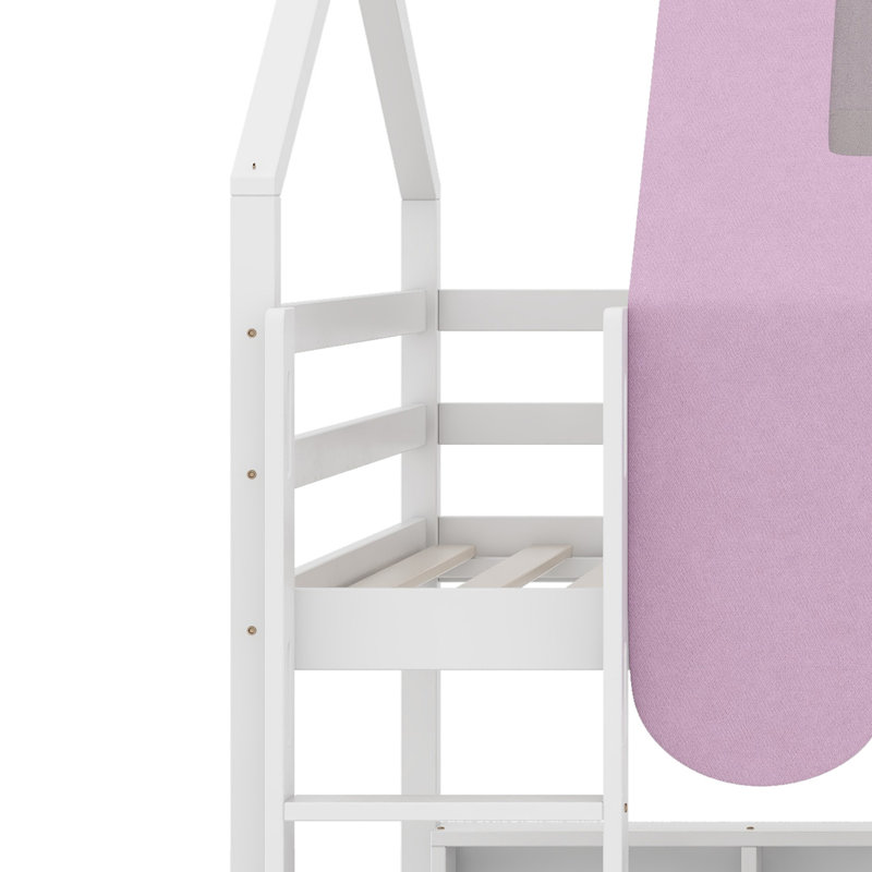 House-Shaped Loft Bed Including Tent, White+Pink
