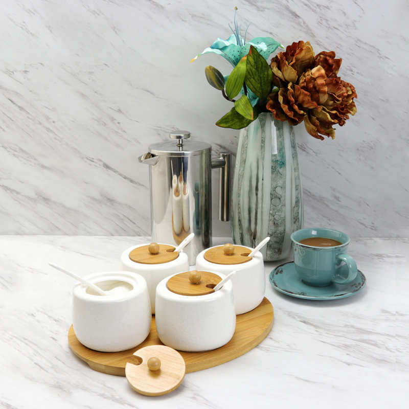 White Ceramic Spice Jars with Bamboo Lids and Tray