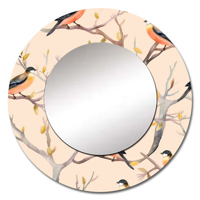 Little Birds On The Tree Branches VIII - Bird Decorative Mirror, Modern Round Wall Mirror, Printed Metal Art
