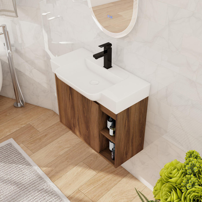 Bathroom Vanity Set, Single Wall Mounted Bathroom Vanity With Ceramic Basin Sink Top, Floating Vanity With 1 Door And Shelf