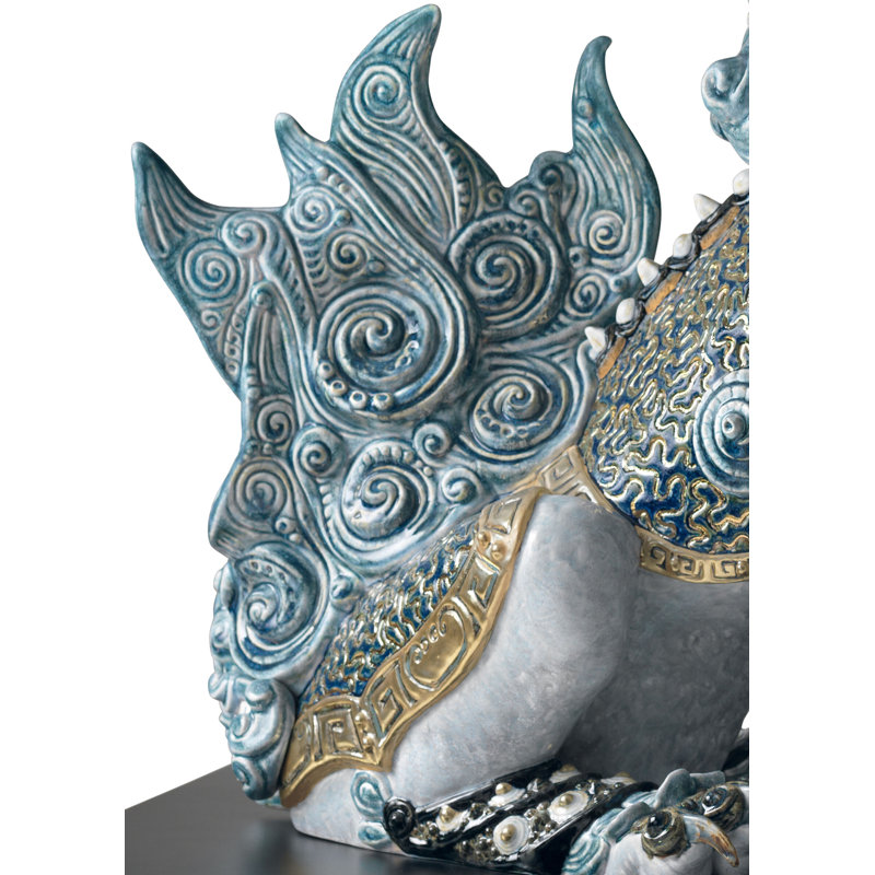 Guardian Lion Sculpture, White/Blue/Gold