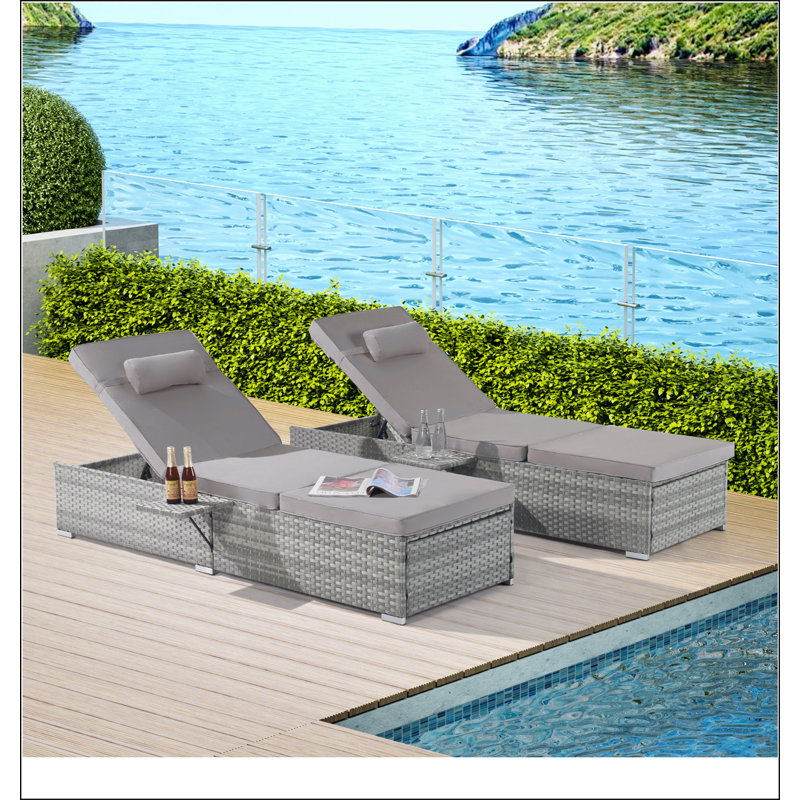 Outdoor Chaise Lounge Chair Set of 2 with Patio Pool Chairs Tanning Lounges for Outside,Beach Rattan Recliners with Adjustable Backrest, Table, Cushion for Poolside Backyard Garden