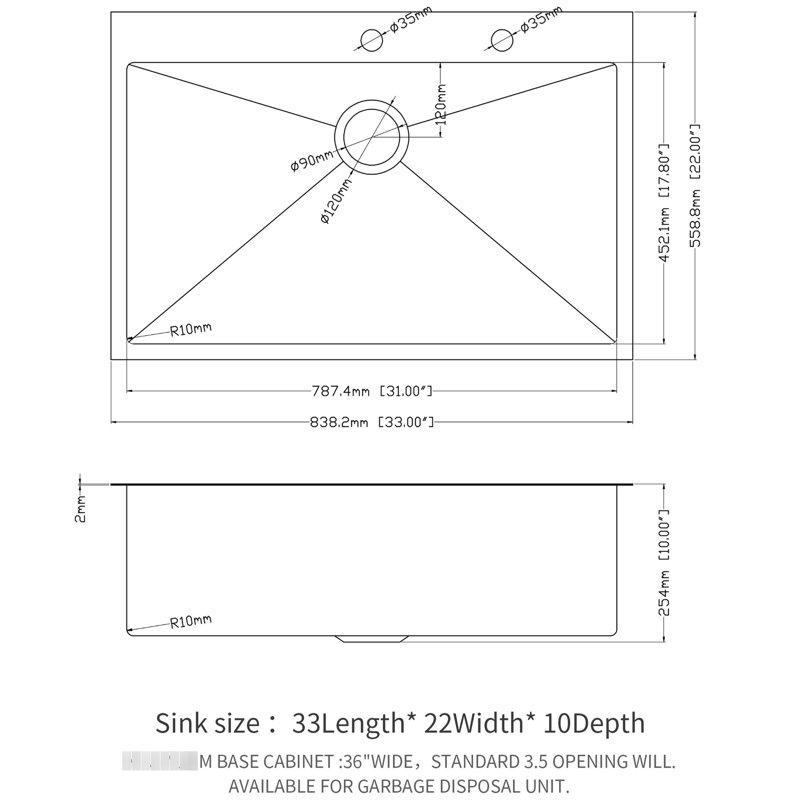 22X33 Inch Stainless Steel Sink: 16 Gauge, Structure, With Drain Assembly Kitchen Basin: To Scratches, Condensation-