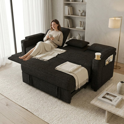 83 " Folding Sofa Bed,3-Person Pull-Out Sofa with Table and USB Ports, Adjustable Backrest