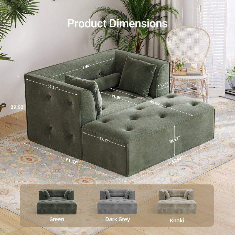 Modern Sofa With Removable Ottoman And Pillows, Green