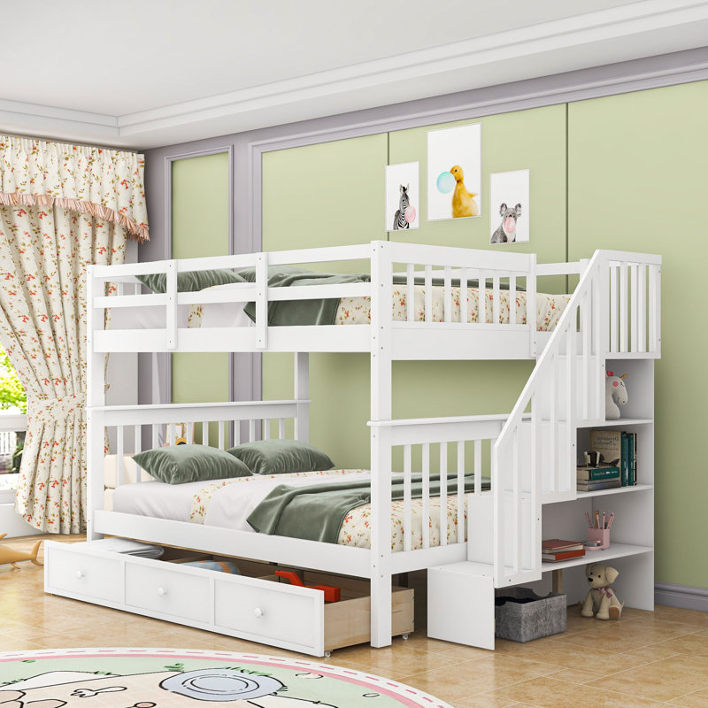 Lit superposé double en bois avec rangement, Blanc