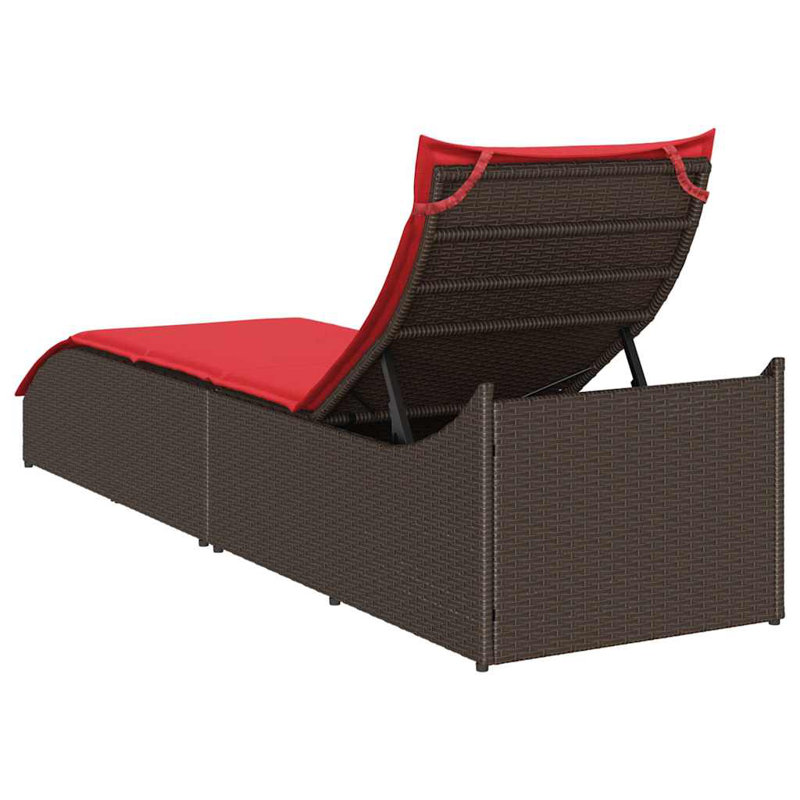 Chaise longue pliante avec coussin et rangement en rotin de polyester, Rouge, Brun