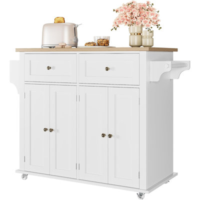 Chariot spacieux pour îlot de cuisine - plateau en bois massif, grande armoire de rangement et tiroirs roulants, comptoir portable avec porte-épices et porte-serviettes, table à roulettes pour îlot de cuisine pour salle à manger - Couleur: