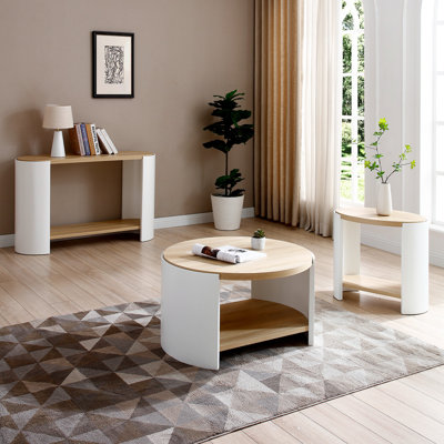 Ensemble de 3 tables basses rondes, table basse de 31 po pour le salon, bureau en bois rustique à 2 niveaux avec tablette de rangement, mobilier de style moderne (couleur naturelle et blanc)