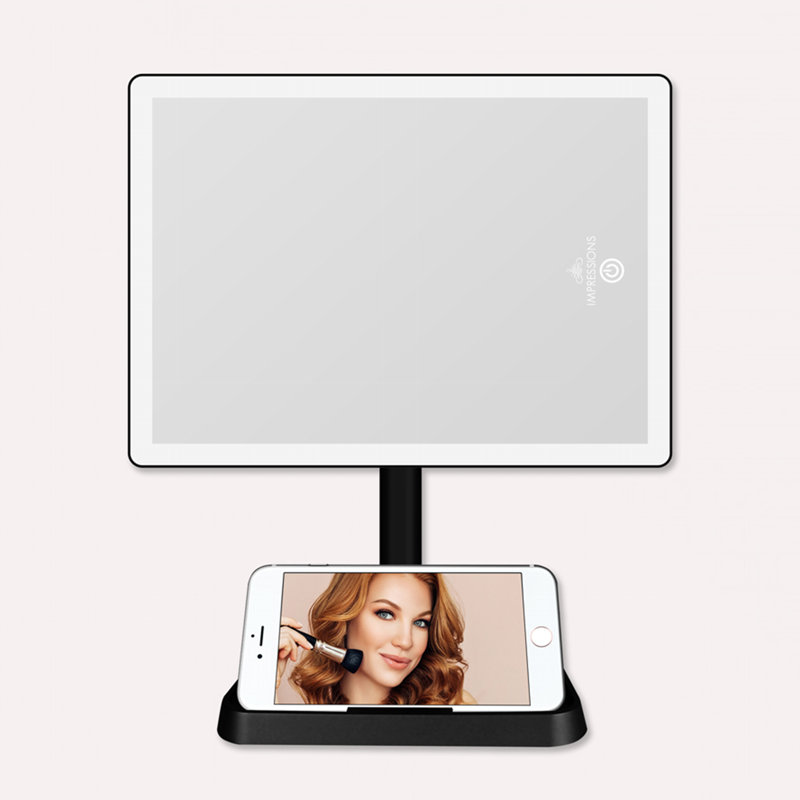 Charmed Tri Tone LED Makeup Mirror with Phone Holder, Tabletop Desk Mirrors with Metal Stand, Black