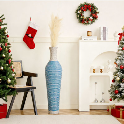 39 Inch Tall Blue and White Striped PVC Rattan Floor Vase for Living Room Entryway Decor