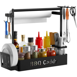 Support à gril avec porte-serviettes en papier pour assiettes et couverts, porte-couverts, support à pique-nique à condiments avec 4 crochets, support à ustensiles de barbecue pour le rangement des accessoires de barbecue en plein air