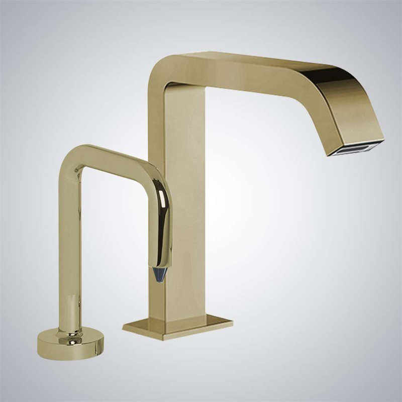 Robinet à capteur automatique mains libres BathSelect et distributeur de savon liquide sans contact au fini or brossé, 49.5