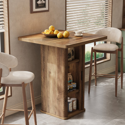 27.6" Square Bar Table, Wooden Cocktail Table with 3-Tier Hidden Storage and Sliding Doors