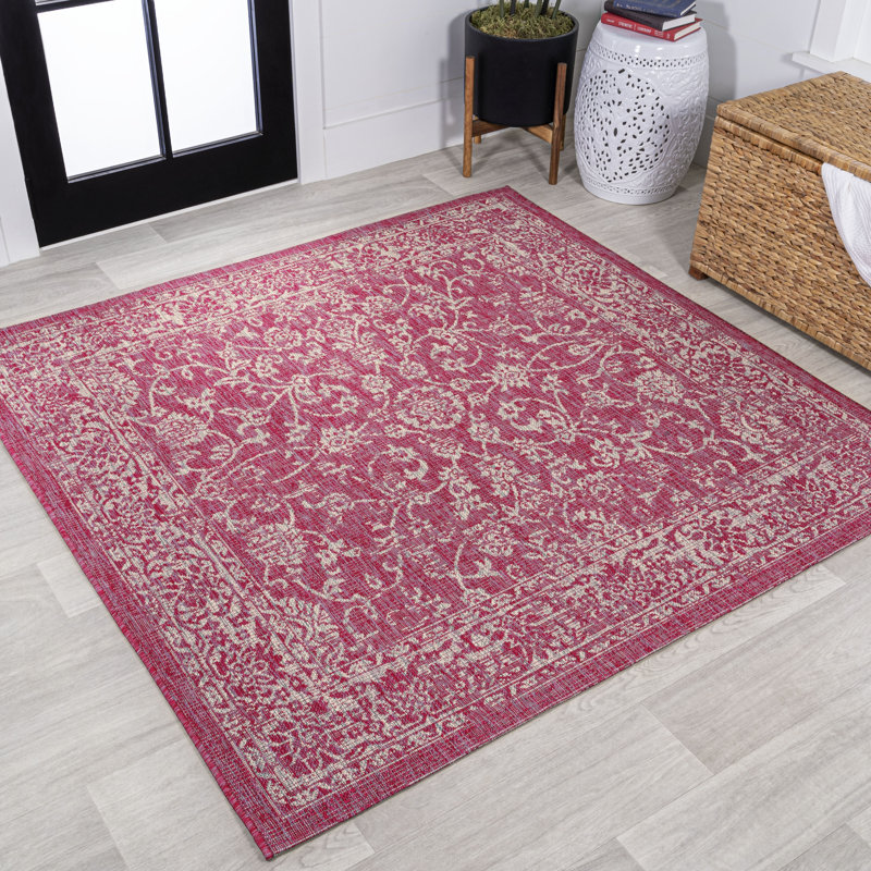 Delcine Bohemian Textured Weave Floral Fuchsia/Light Gray Indoor/Outdoor Rug, Square 5'3"