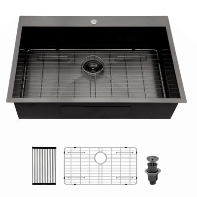 Évier de cuisine encastré 30 po - Évier de cuisine à cuve simple en acier inoxydable de calibre 18 noir Topmount