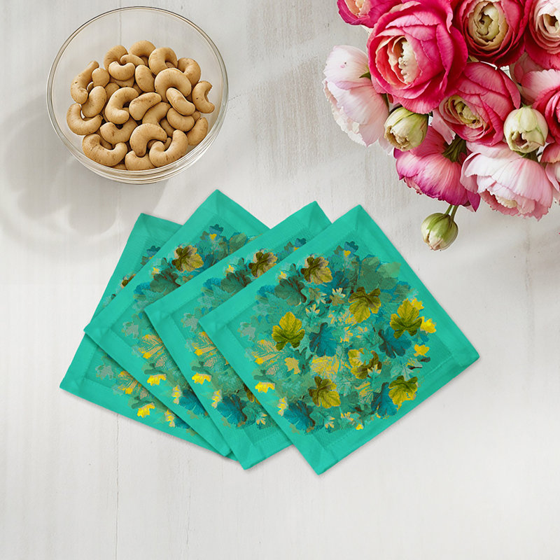Fallen Leaves Cotton Sateen Cocktail Napkins, Peacock