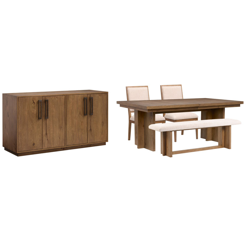 Extendable Trestle Dining Table With 2 Side Chairs Bench And Buffet, 5 Pieces: Table, 2 Chairs, Bench, Buffet