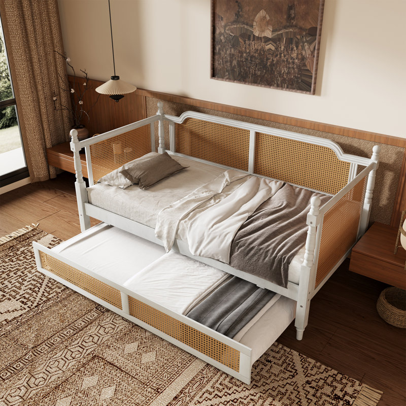 Lit de jour en rotin avec lit gigogne pour espace limité, chambre d'amis, Lit simple, Antique White